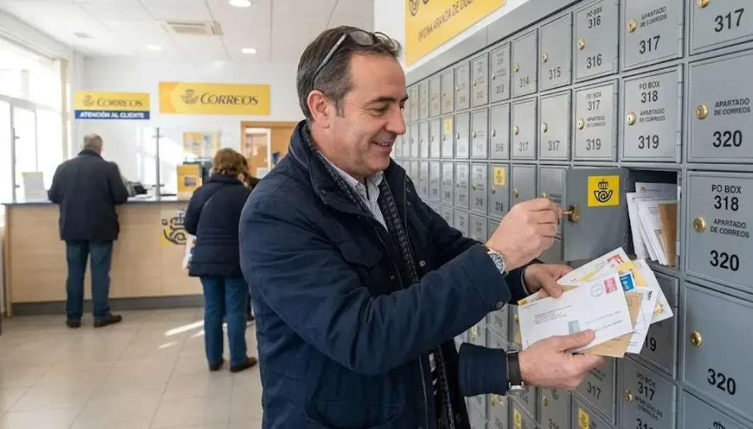 Persona abriendo un casillero metálico de un apartado de correos con una llave, sacando varias cartas