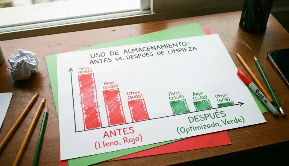 Gráfico de barras mostrando el uso de almacenamiento antes y después de la limpieza