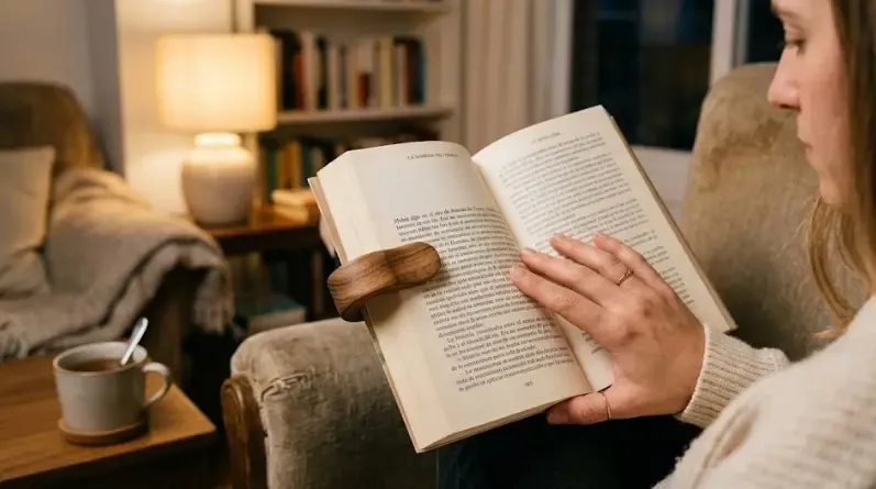 Mano de una persona sosteniendo un libro grueso abierto usando un anillo sujetapáginas de madera