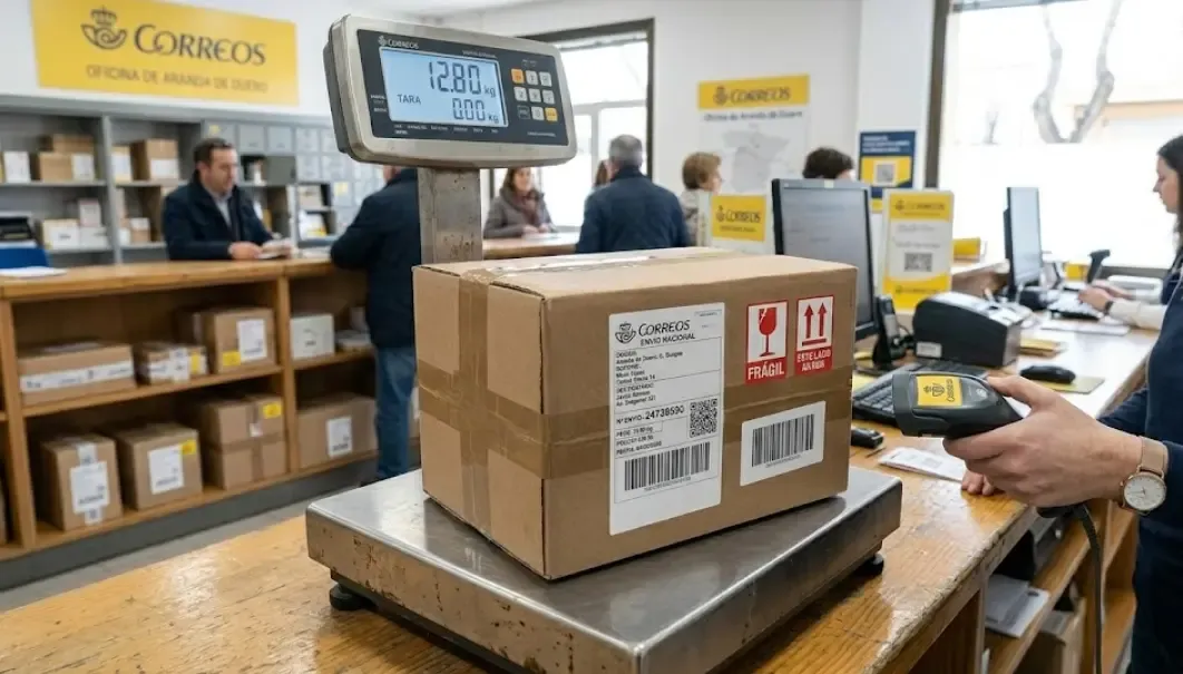 Una báscula digital de paquetería pesando una caja de cartón lista para ser enviada con etiquetas