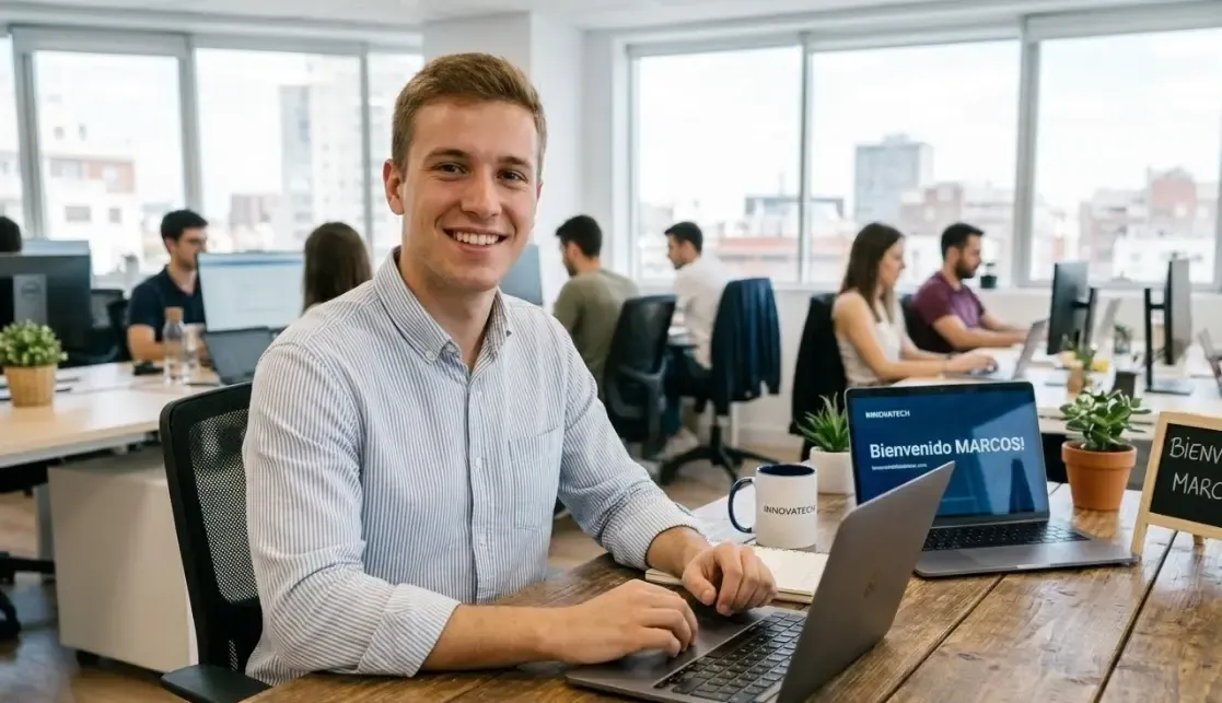 Un joven becario sonriendo frente a su ordenador portátil en una oficina moderna y luminosa