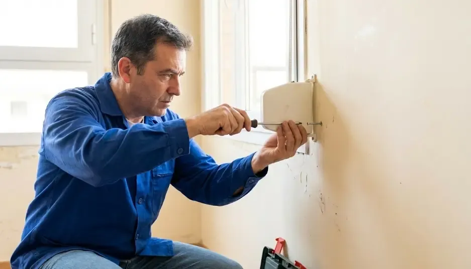 Hombre desatornillando el recogedor de la persiana en la pared con precaución