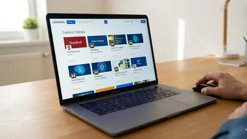 Pantalla de un ordenador portátil mostrando el catálogo de cursos de una plataforma MOOC como Coursera