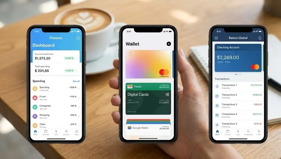 Tres teléfonos móviles mostrando capturas de pantalla que comparan visualmente la interfaz de gráficos de Fintonic, la app Wallet y una app bancaria tradicional