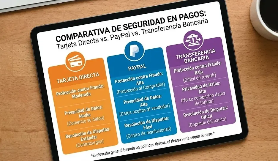 Gráfico comparativo de seguridad entre pago con tarjeta directa, PayPal y transferencia bancaria