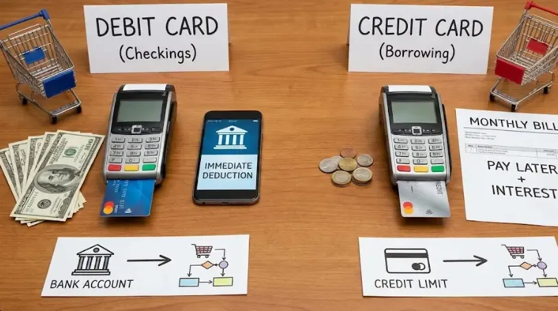 Infografía visual comparativa mostrando cómo la tarjeta de débito resta dinero inmediato del saldo y la de crédito lo aplaza a final de mes