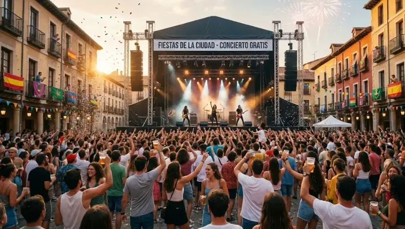 Multitud de personas disfrutando de un concierto al aire libre gratuito en una plaza de la ciudad durante unas fiestas