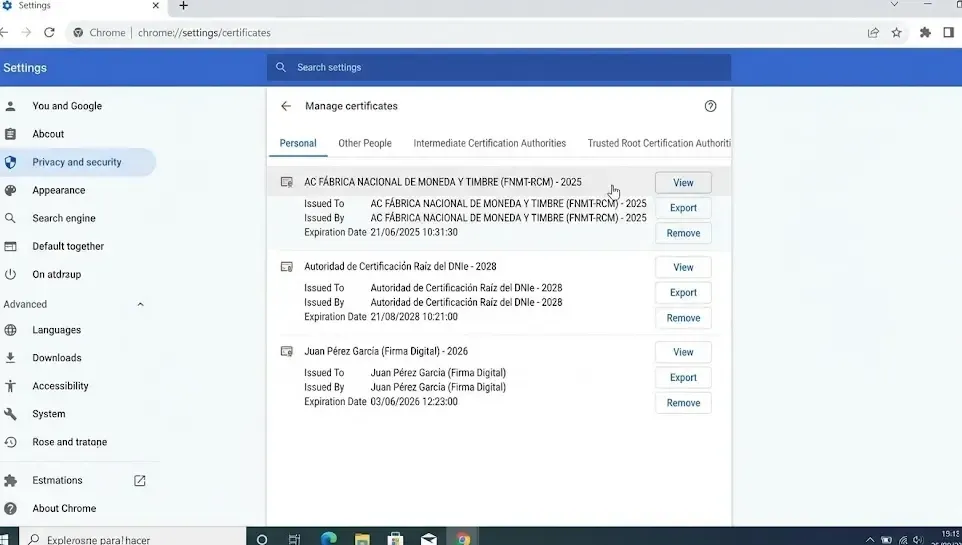 Captura de pantalla de la configuración de certificados en el navegador