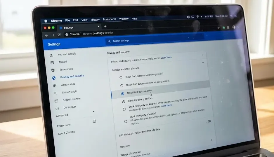 Configuración de privacidad en el navegador seleccionando bloqueo de cookies de terceros