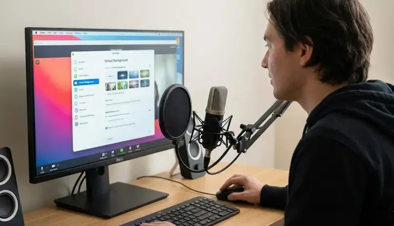 Pantalla de configuración de Zoom mostrando cómo activar el fondo difuminado y probar el micrófono