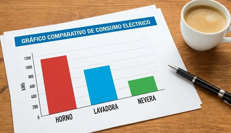 Gráfico comparativo de consumo entre horno, lavadora y nevera