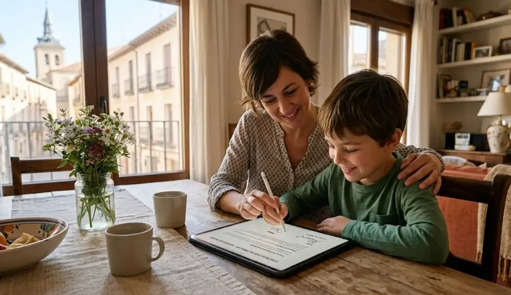 Madre e hijo firmando simbólicamente un contrato digital familiar en la mesa del comedor