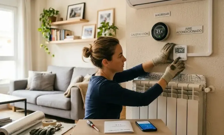 Un dispositivo controlador WiFi blanco cuadrado colocado en la pared debajo de un aire acondicionado tipo Split