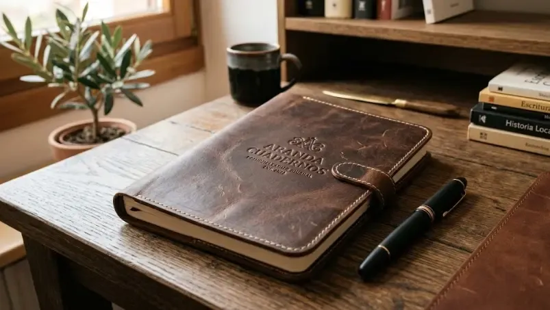 Cuaderno de cuero de alta calidad abierto sobre un escritorio junto a un bolígrafo metálico pesado