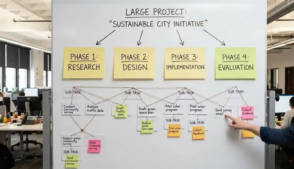 Esquema visual de descomposición de un proyecto grande en tareas pequeñas accionables