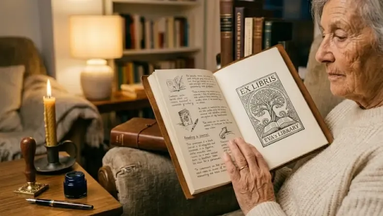 Diario de lectura abierto sobre una mesa de madera junto a un sello Ex Libris y una vela encendida