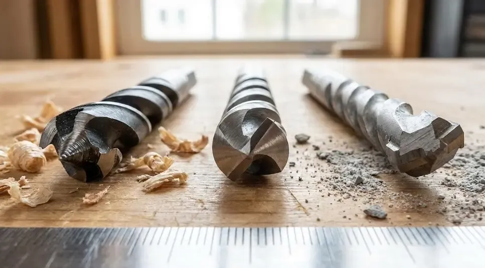 Imagen comparativa de las puntas de brocas de madera, metal y pared