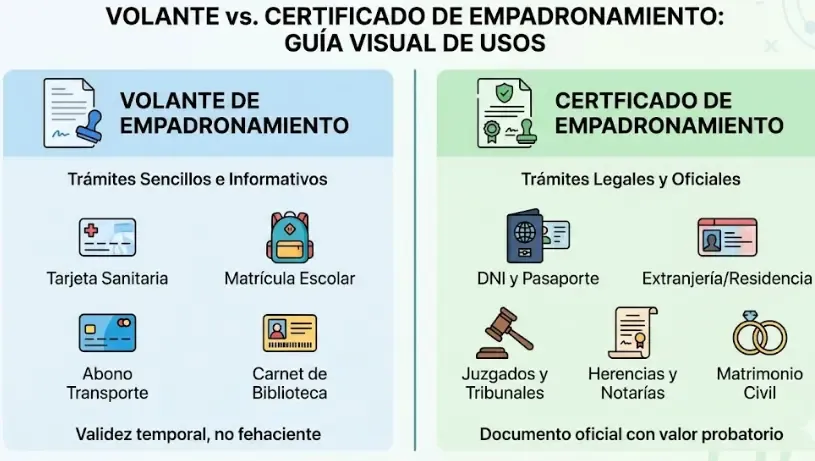 Infografía visual comparando usos del Volante vs Certificado de Empadronamiento