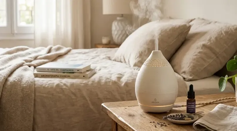 Difusor de aceites esenciales de cerámica mate de diseño nórdico sobre una mesa de madera vaporizando aroma