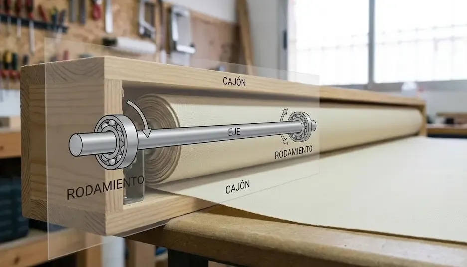 Esquema visual del interior del cajón de la persiana mostrando el eje y los rodamientos