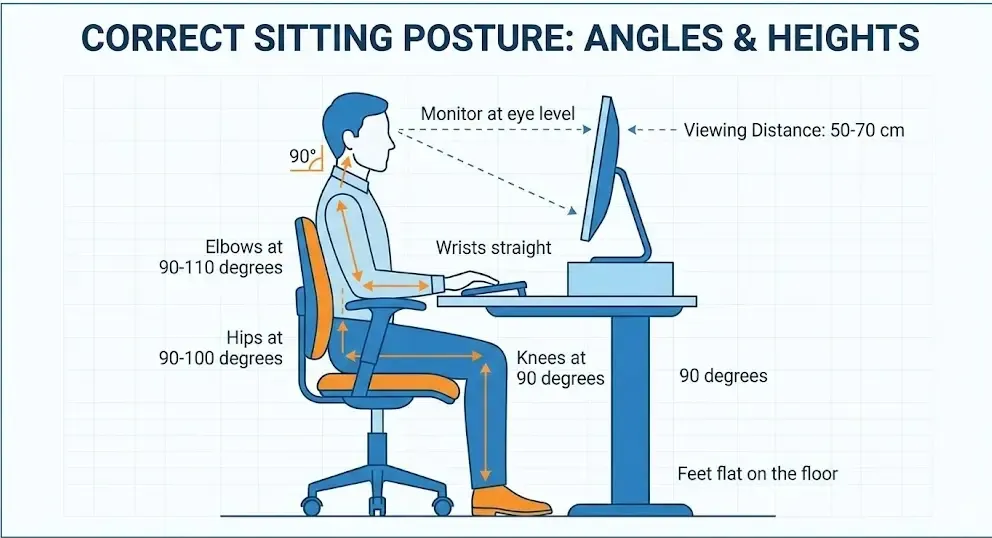 Ilustración de la postura correcta sentado frente al ordenador: ángulos y alturas