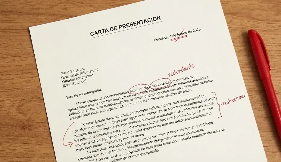 Imagen de una carta de presentación con correcciones en rojo marcando errores comunes