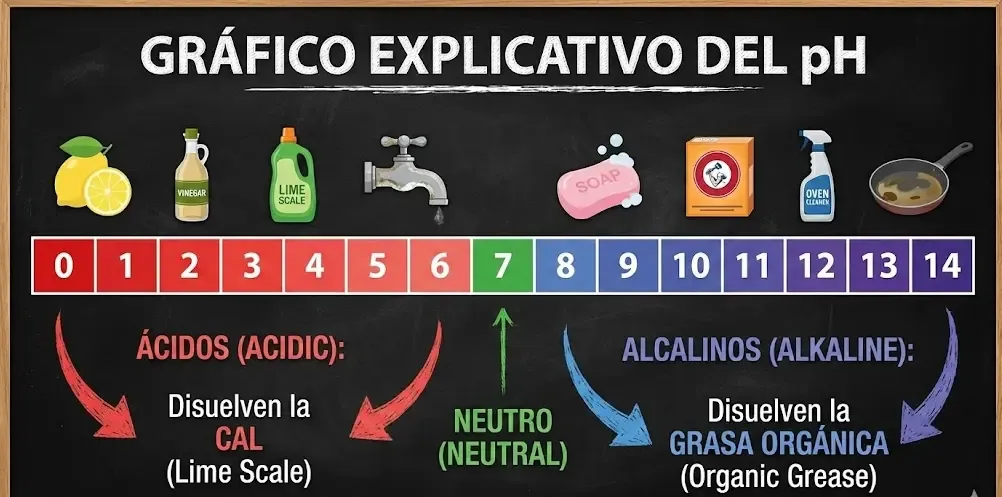 Gráfico explicativo de pH: Ácidos contra la cal y Alcalinos contra la grasa orgánicas