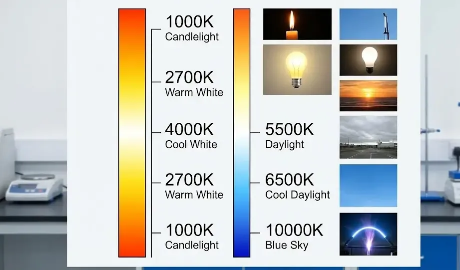 Gráfico de escala Kelvin mostrando desde la luz cálida anaranjada hasta la fría azulada