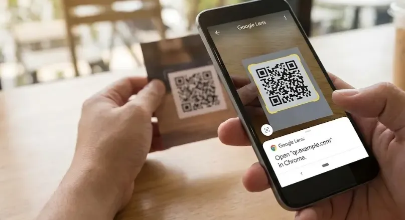 Persona apuntando con la cámara de un smartphone a un código QR usando Google Lens