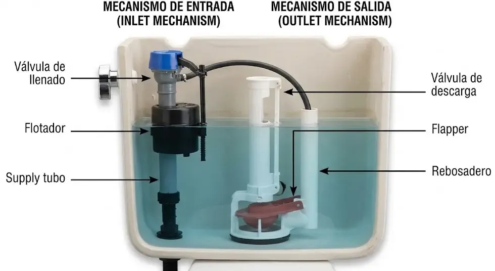 Esquema del interior de una cisterna diferenciando mecanismo de entrada y salida