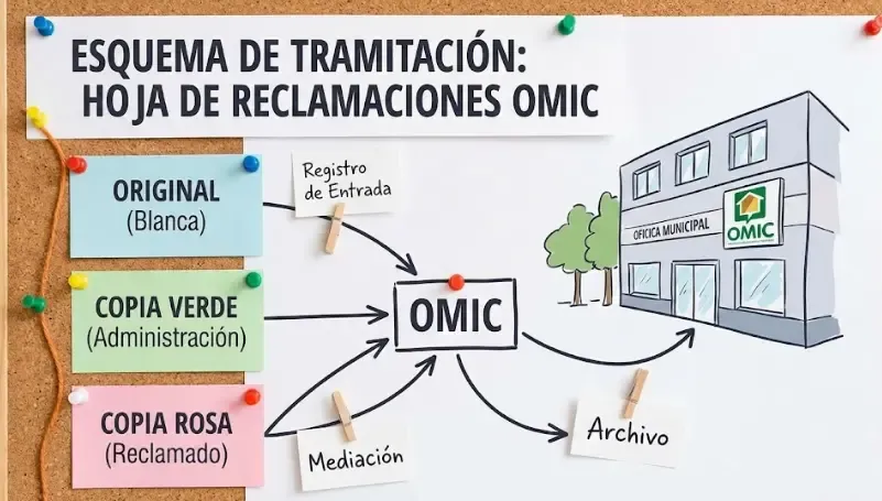 Esquema visual de las tres copias de una hoja de reclamaciones y su destino final (consumidor, empresa, OMIC)