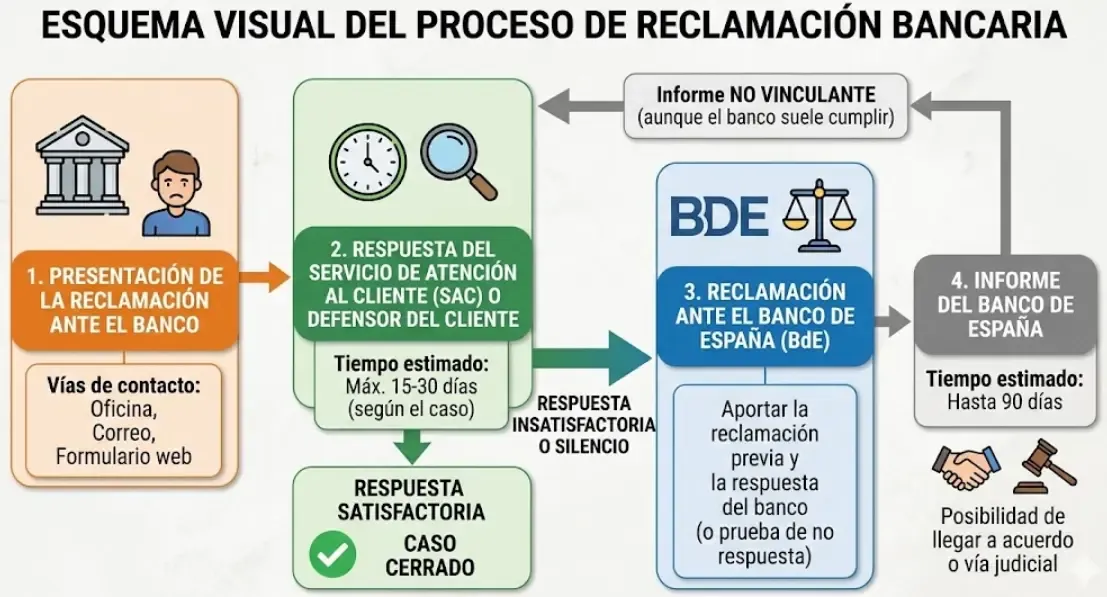 Esquema visual del proceso de reclamación bancaria: del SAC del banco al Banco de España