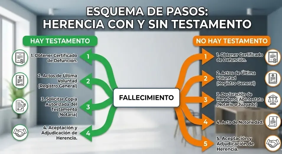 Esquema visual de los pasos a seguir si hay o no testamento en una herencia