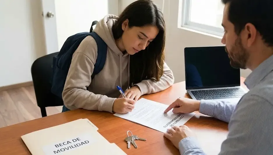 Estudiante firmando contrato de alquiler para la beca
