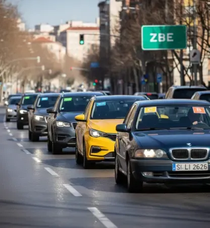 Coches circulando con las diferentes etiquetas medioambientales de la DGT
