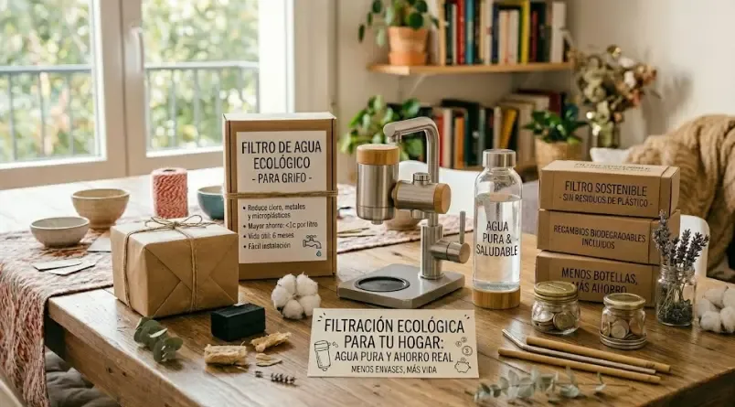 Filtro purificador de agua de diseño moderno instalado en un grifo de acero inoxidable en una cocina luminosa