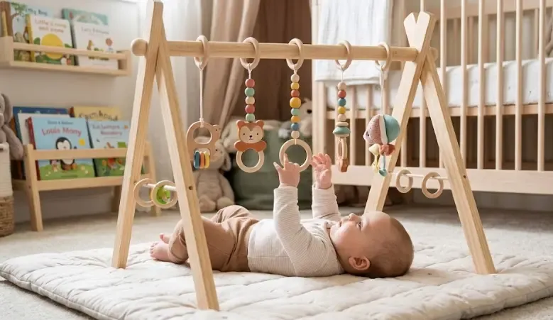 Un gimnasio de actividades para bebé con arcos de madera y juguetes colgantes sobre una alfombra suave