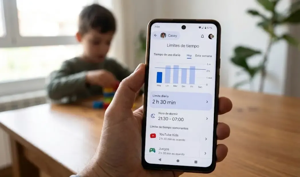 Pantalla de un smartphone mostrando la aplicación Google Family Link con los límites de tiempo configurados