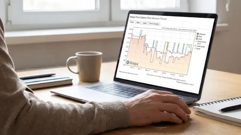 Gráfica de precios de la extensión Keepa integrada orgánicamente en una página de producto de Amazon mostrando fluctuaciones de coste a lo largo de los meses