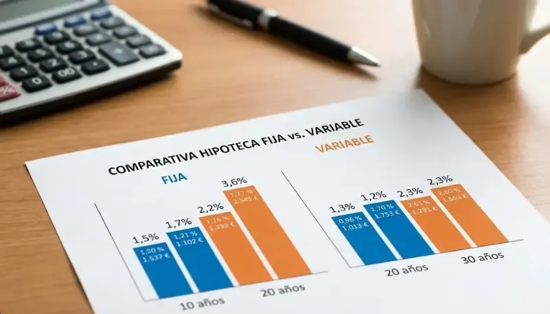 Gráfico que compara la estabilidad de cuota en hipoteca fija frente a las enormes fluctuaciones y picos de la hipoteca variable a lo largo de 30 años de préstamo