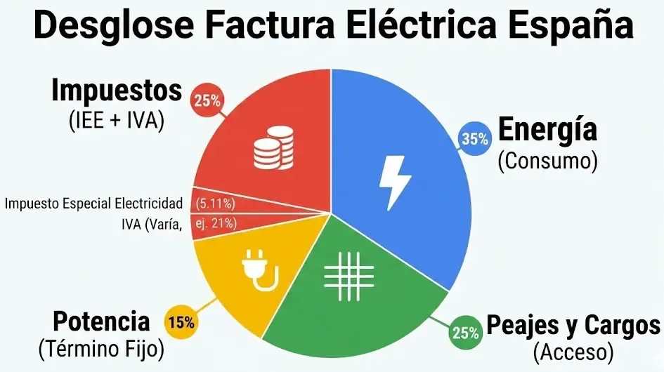 Gráfico circular mostrando los componentes de la factura eléctrica: peajes, impuestos, energía y potencia