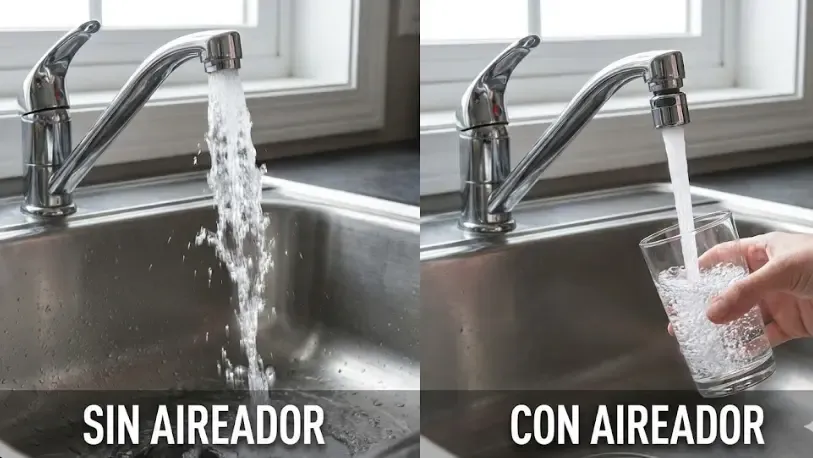 Comparativa visual de chorro de agua con y sin aireador