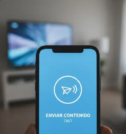 Primer plano de un dedo pulsando el icono de enviar contenido (Cast) en la pantalla de un smartphone
