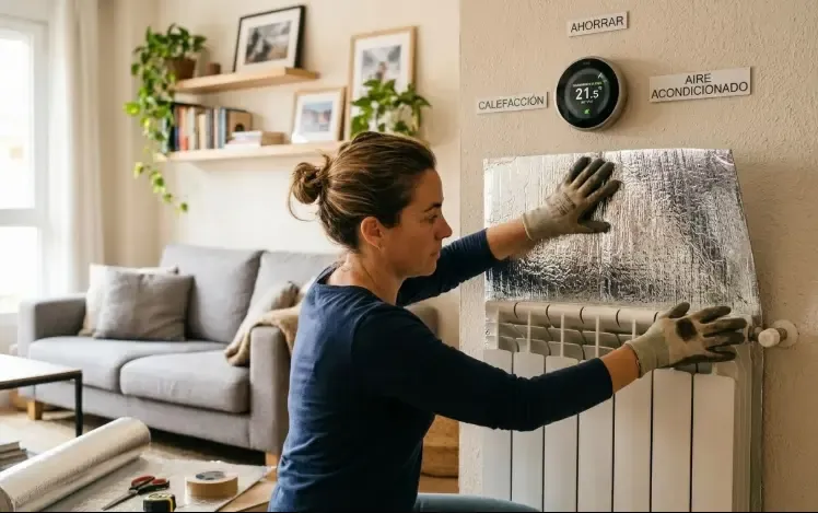 Un panel reflectante plateado siendo instalado detrás de un radiador blanco de aluminio en una pared
