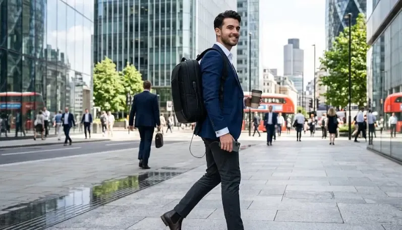 Joven vestido de forma "smart casual" usando su teléfono móvil con una mochila ejecutiva negra a la espalda