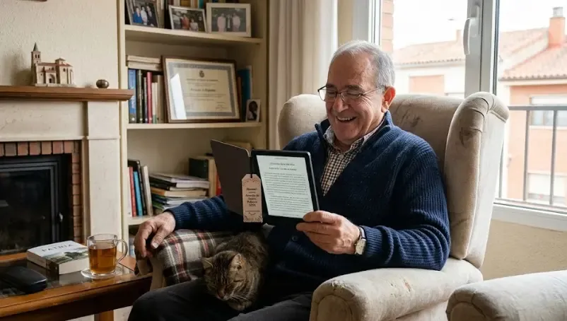 Hombre mayor sonriente y relajado en su casa leyendo un libro electrónico mientras bebe un café
