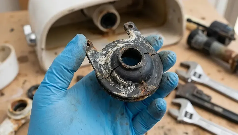 Mano sosteniendo la junta de goma vieja de un mecanismo de descarga