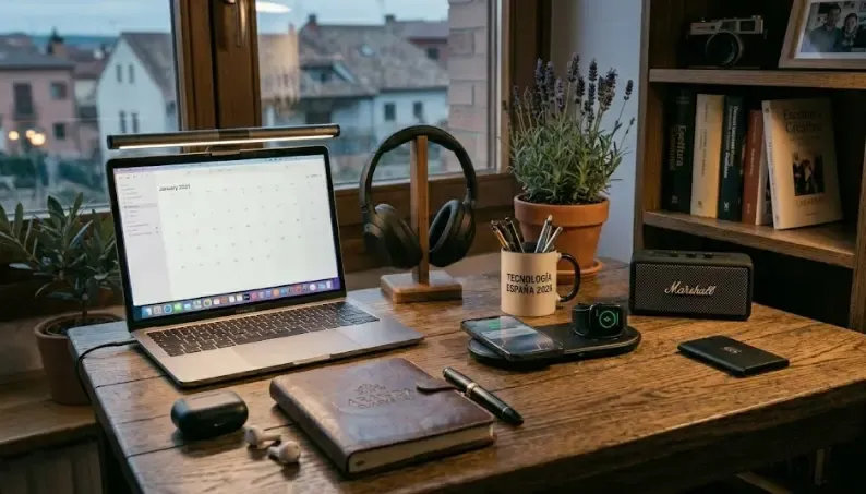 Barra de luz LED asimétrica de color negro apoyada sobre el marco superior de un monitor iluminando el teclado sin generar reflejos en la pantalla