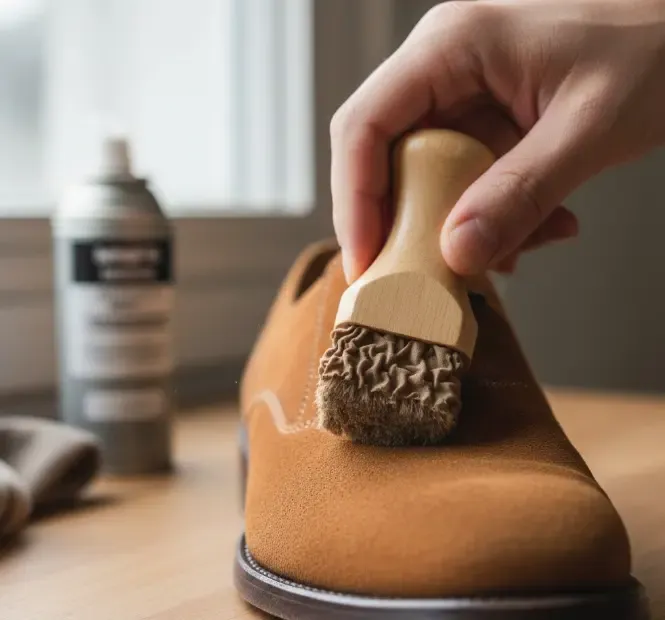 Mano cepillando con delicadeza un zapato de ante marrón usando un cepillo de crepé especial para levantar el pelo