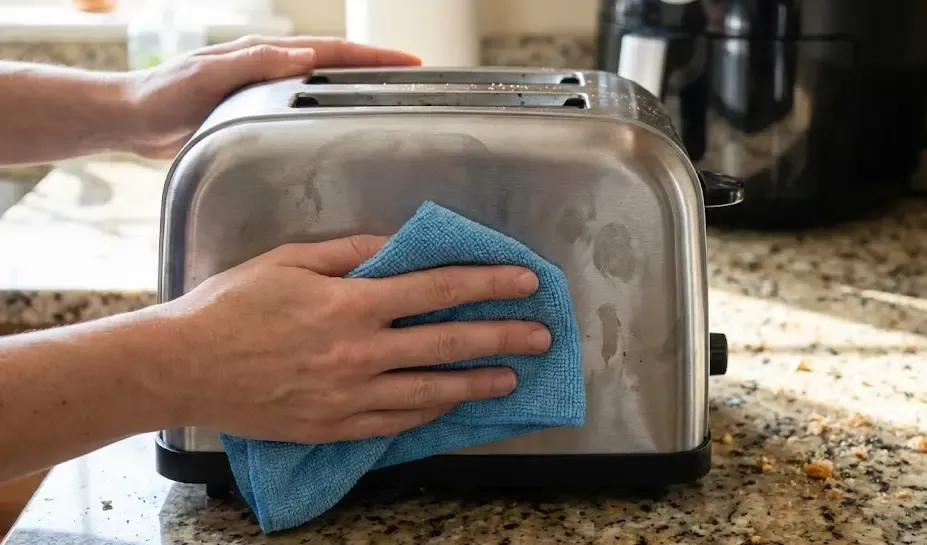 Persona limpiando el exterior de una tostadora de acero inoxidable con un paño de microfibra